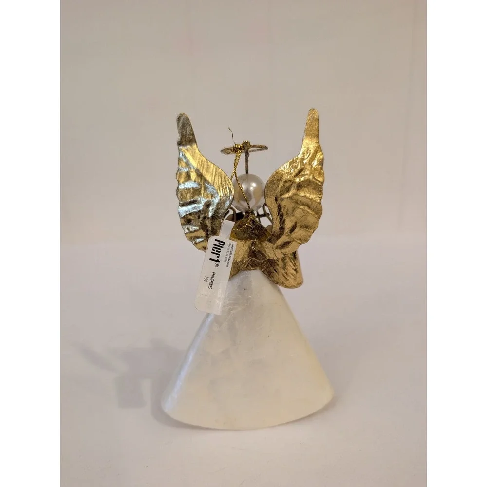 VTG Pier 1 Capiz Shell Christmas Angel Ornament W Harp Figure 3D Decorated Gold